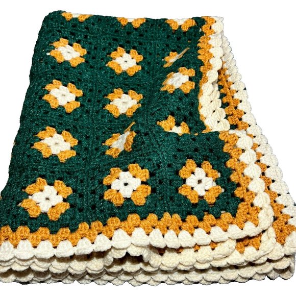 Vtg Homemade Knitted Crocheted Granny Square Throw Afghan Blanket Cottagecore - Picture 4 of 11